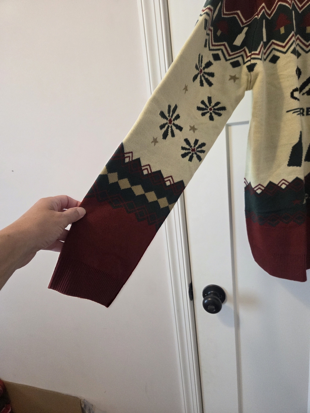 Ugly Christmas Sweater- Men's Fair Isle Holiday Sweater in Burgundy and Cream - Picture 3 of 5